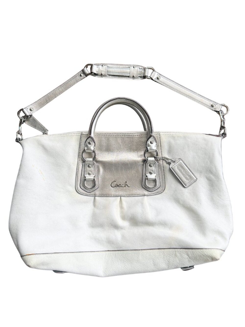 Coach Ashley Large Leather Satchel Cream Silver Trim Convertible F15447